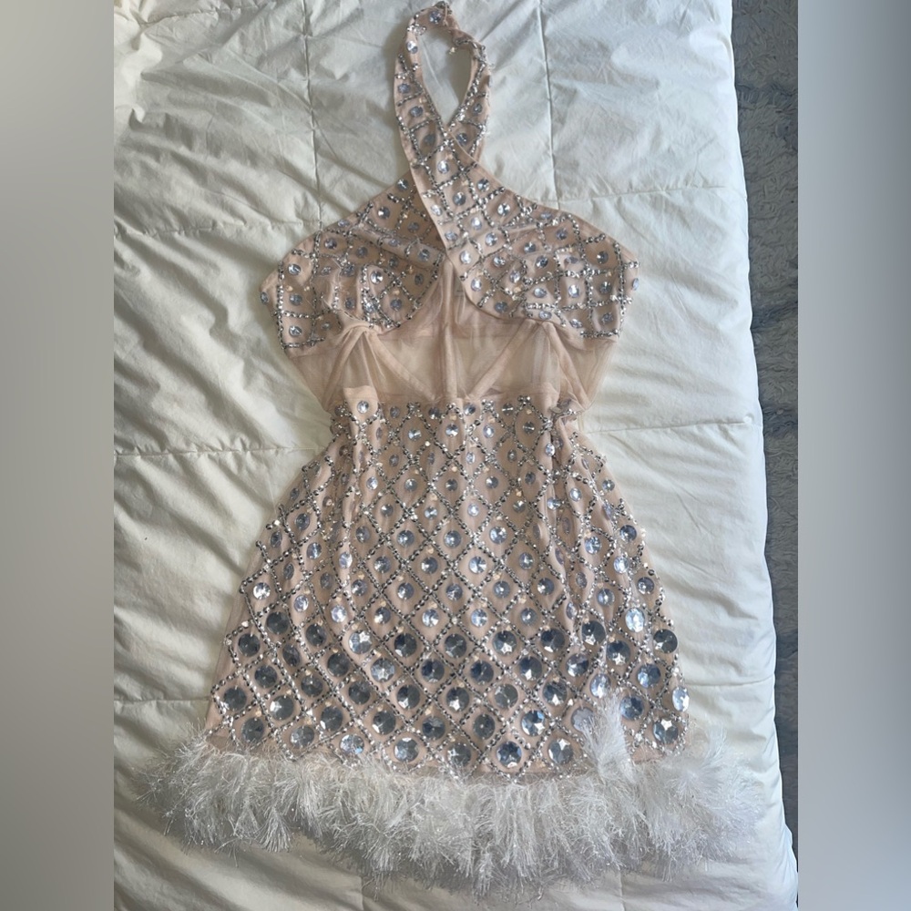ASOS Luxe halter dress - sparkly, corset boning with feather trim - Picture 4 of 8